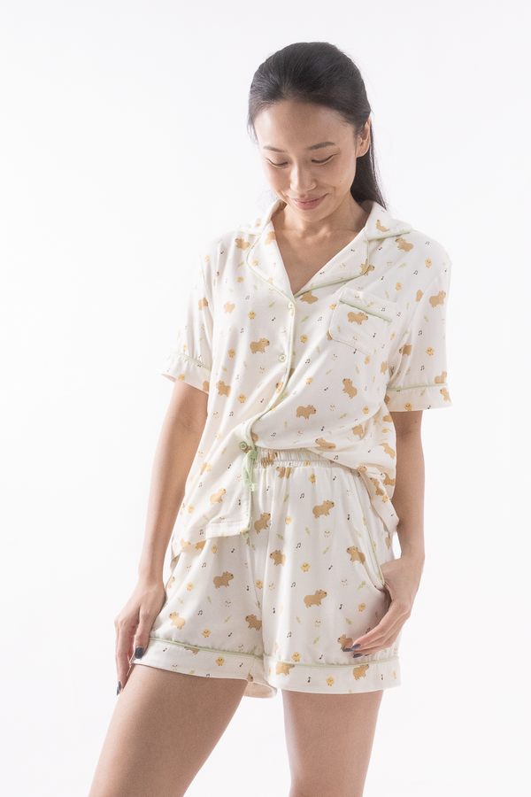 Capybara Chill Cloud PJ Set – Short Sleeve Top + Shorts